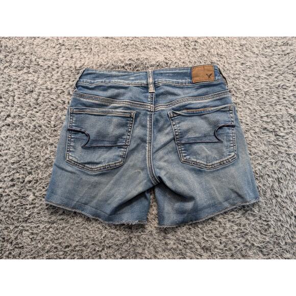 American Eagle Shorts Women 2 Blue MIDI Stretch Cut Off Distressed Bikercore - Picture 1 of 8